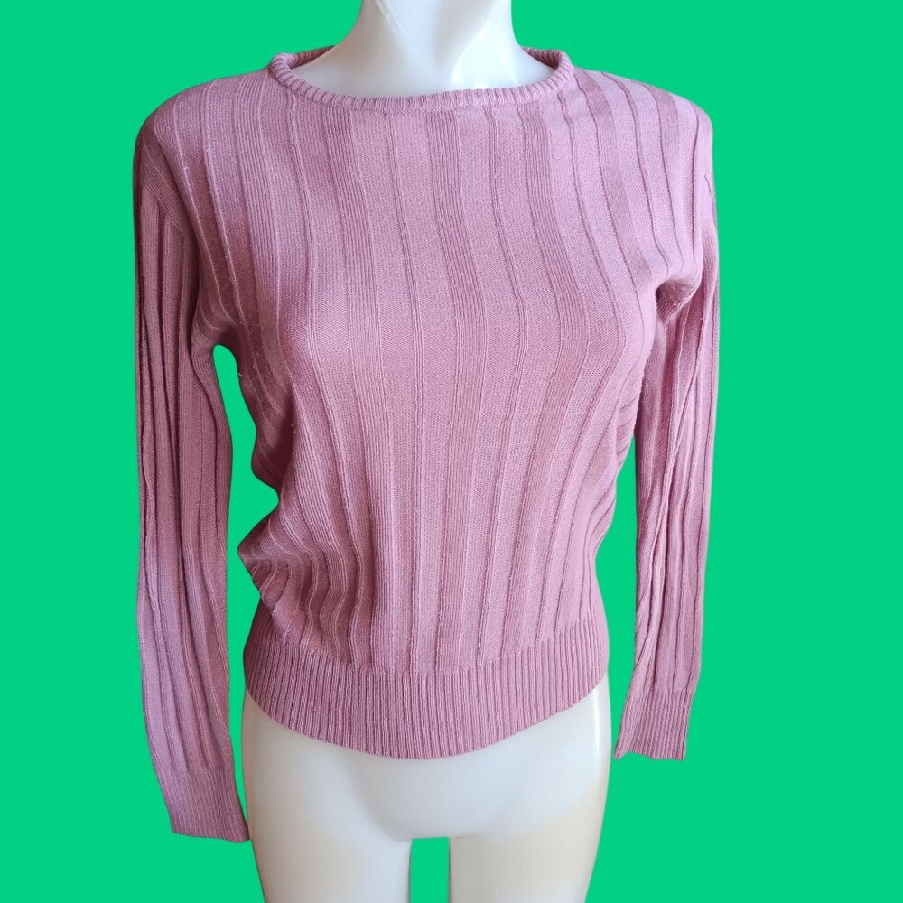 Medium Knit Sweater Vintage 70's Pink Ribbed Long Sleeve Acrylic Korea Boho Hip